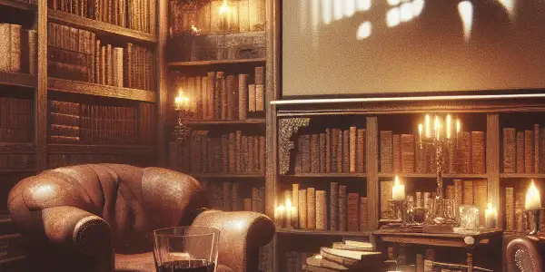 A cozy library filled with vintage erotic novels, soft lighting, plush armchair, and a glass of red wine.