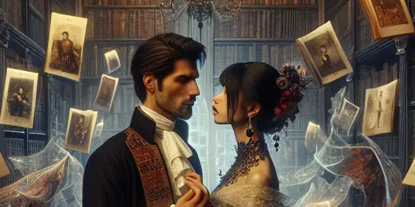 A dimly lit library scene with intertwined figures engaged in intimate conversation, surrounded by floating pages of erotic literature.