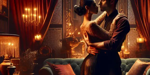 A passionate couple embraces in a dimly lit, opulent room filled with rich textures and intimate ambiance.