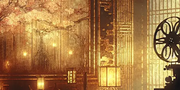 A dimly lit room with a vintage projector displaying erotic silhouettes and Japanese decor, evoking intimacy and allure.