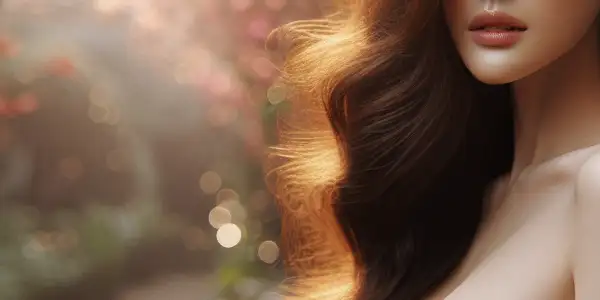 A graceful model in a delicate outfit poses in a lush, softly blurred garden with vibrant flowers.