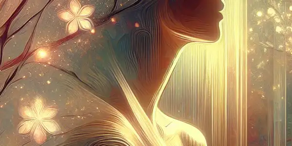 An intimate, enchanting scene featuring a mysterious figure amidst cherry blossoms and soft lighting, evoking desire and fantasy.