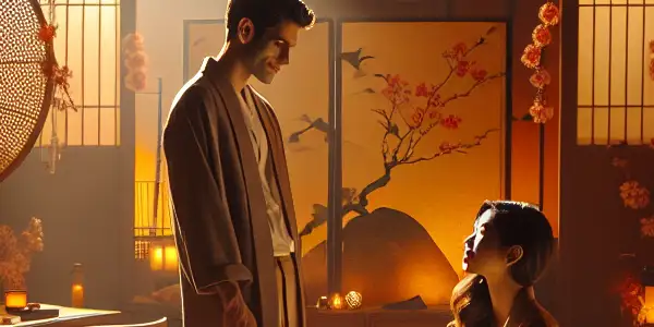 A romantic scene featuring two playful characters in a softly lit, intimate Japanese-inspired room with cherry blossoms.