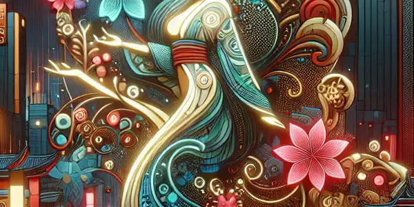 A vibrant digital landscape showcasing diverse adult film genres with neon-lit billboards and a high-tech cityscape.