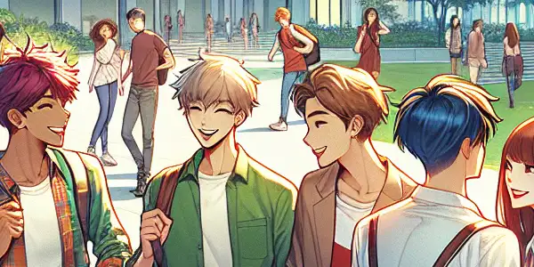 A lively campus scene with diverse students engaging in flirtatious interactions under sunny skies and lush greenery.