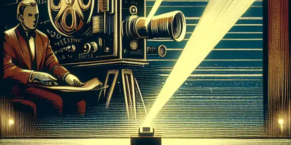 A vintage cinema scene featuring an audience captivated by a mysterious Korean adult film poster, evoking desire and intrigue.