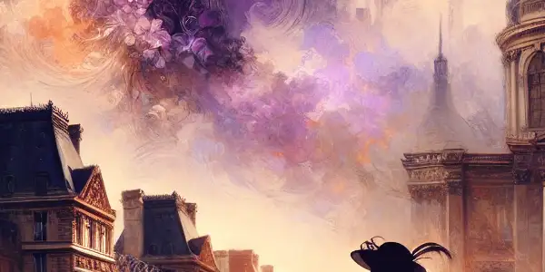 A silhouette of a woman in a dreamy Parisian landscape at twilight, embodying sensuality and mystery.