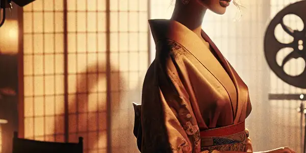 A glamorous Fujiko Fujiwara in a vintage kimono on a dimly lit film set, blending elegance and intrigue.