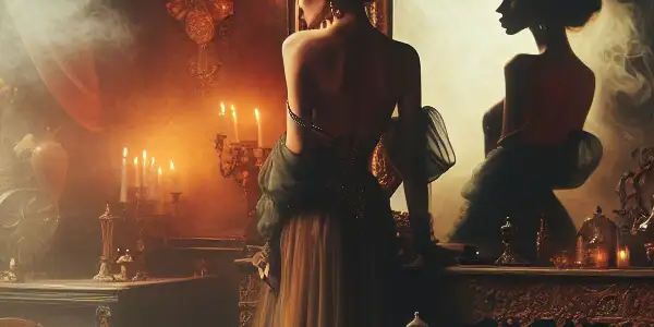 A dimly lit vintage room featuring a large antique mirror reflecting a glamorous actress and a shadowy silhouette.