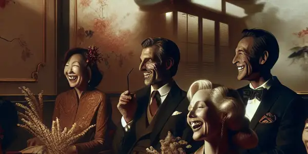 A luxurious vintage cinema setting filled with elegantly dressed individuals engaged in passionate conversations and laughter.