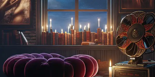 A cozy library with erotic novels, a velvet armchair, red wine, and a moonlit window creating an intimate atmosphere.