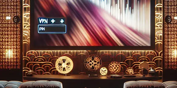 A cozy home theater featuring plush seating, ambient lighting, and a large screen with abstract adult film elements.