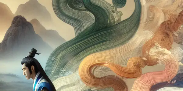 A serene ancient Chinese landscape with a scholar reading, surrounded by swirling colors representing various emotions.