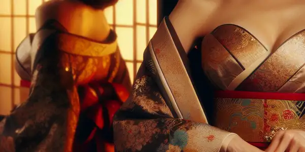 A glamorous Japanese actress in a flowing kimono, set in a serene garden with falling cherry blossoms.