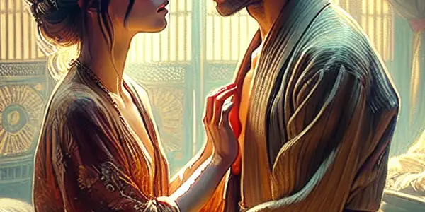 A romantic and intimate moment between two characters in a cozy, warmly lit room, reflecting deep emotional connection.