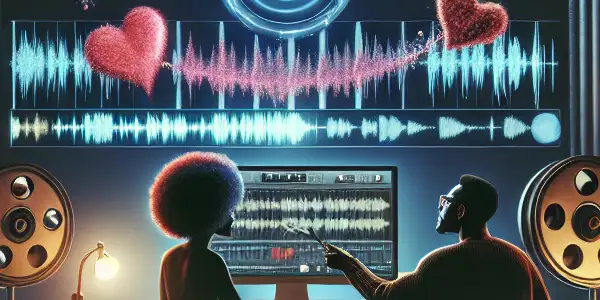 A cozy studio with diverse professionals discussing innovative emotional voice synthesis software for adult film production.