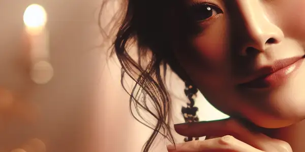 A softly lit room featuring a shyly smiling woman, evoking warmth, intimacy, and emotional connection.