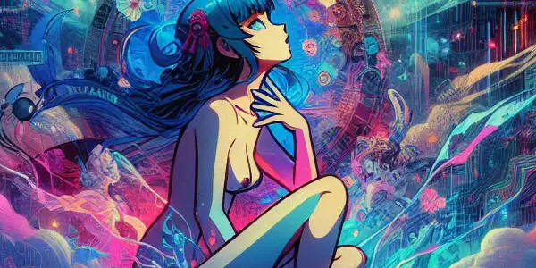 A surreal anime character surrounded by glowing data streams in a vibrant, cyberpunk digital landscape.