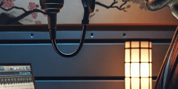 A voice actor passionately recording lines in a modern sound studio, surrounded by audio equipment and intimate lighting.