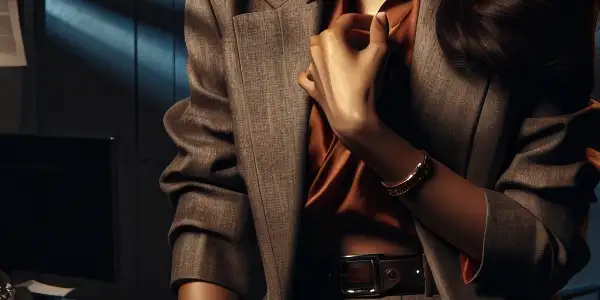 A central female character in a tense office setting, embodying vulnerability and allure amidst chaos and moral dilemma.