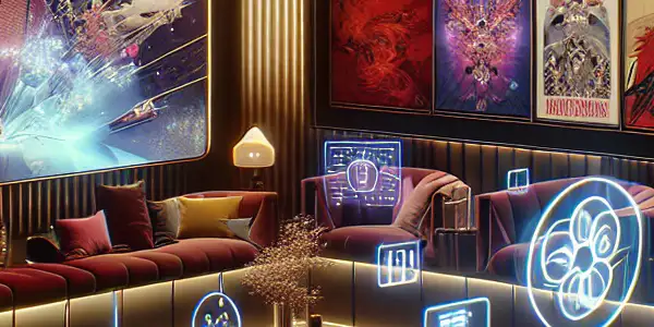 A high-tech virtual environment showcasing vibrant movie posters and a cozy viewing area, exuding sophistication and sensuality.