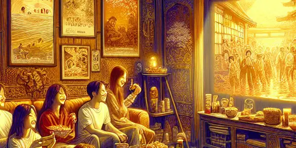 A cozy room filled with friends enjoying a movie night, surrounded by snacks and warm lighting.