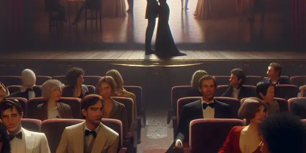 A luxurious cinema scene with diverse characters engaged in intimate conversations, illuminated by warm lighting and abstract romantic imagery.