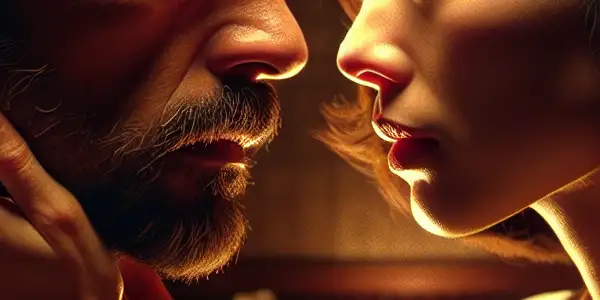 An intimate scene with two characters sharing a meaningful gaze in a softly lit, nostalgic room.