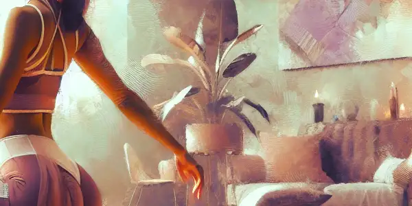 A sensual yoga studio scene featuring a female instructor in an intricate pose, surrounded by candles and plants.