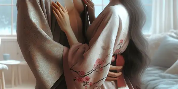 A passionate couple embraces in a serene Nordic landscape, blending Scandinavian and Japanese cultural elements.