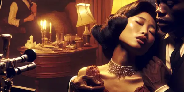 A passionate encounter between two characters on a vintage film set, evoking classic Swedish erotic cinema.