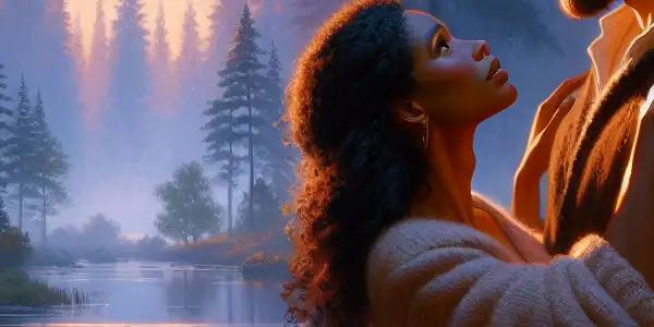 A romantic couple embraces in a misty Scandinavian forest, surrounded by serene nature and soft twilight.