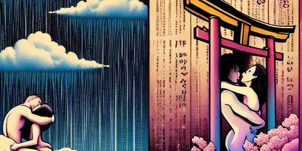 A split illustration showcasing the evolution of vocabulary in adult films, contrasting serene ancient romance with bold modern sexuality.