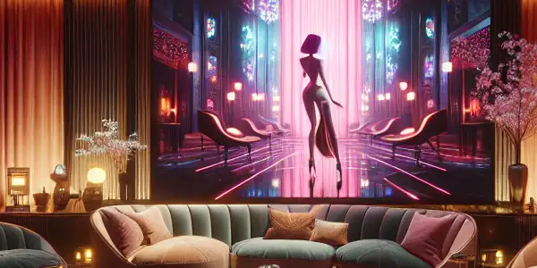 An intimate, dimly lit streaming room featuring a charismatic host, plush seating, and vibrant abstract visuals.